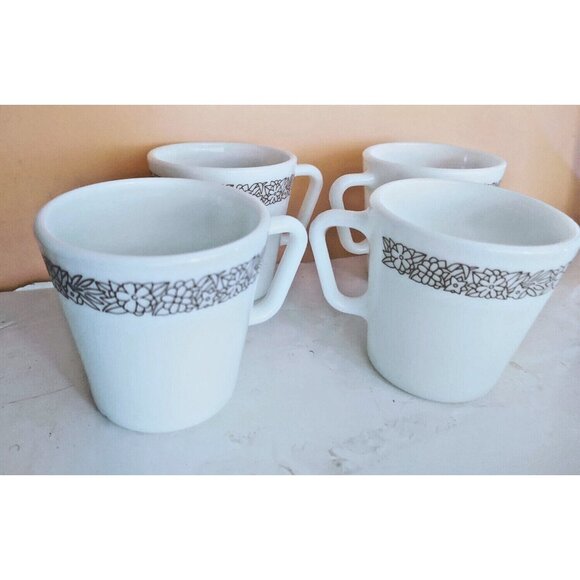 Vintage Pyrex Milk Glass Coffee Mugs Woodland Brown Set of 4 - Picture 1 of 9